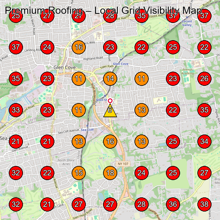 Premium Roofing GeoGrid visibility map for Roofing Contractor in Glen Cove